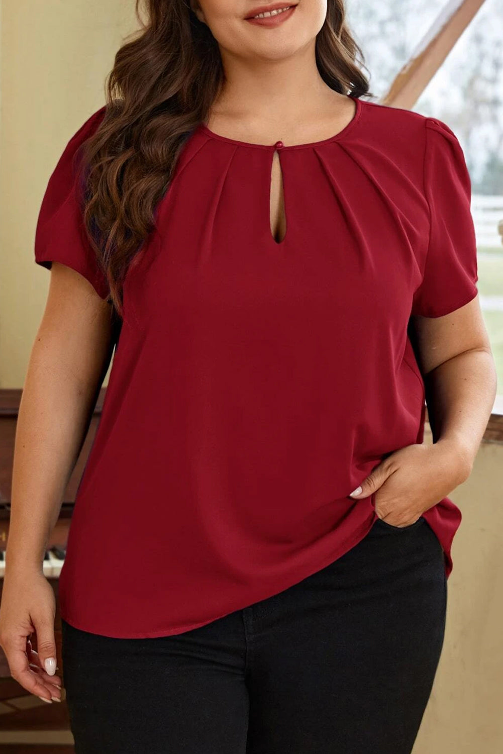 Trendy zwart geplooide ronde hals plus size T-shirt