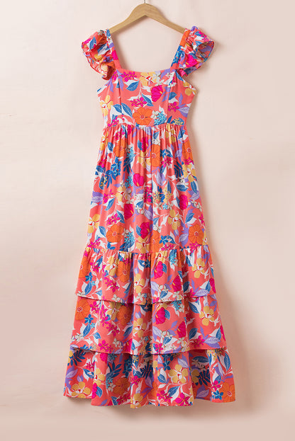 Roze mouwloze maxi-jurk met bloemenprint en ruches