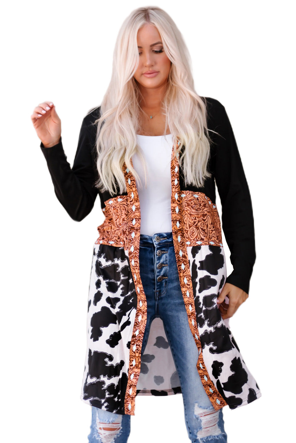 western cow print patchwork cardigan