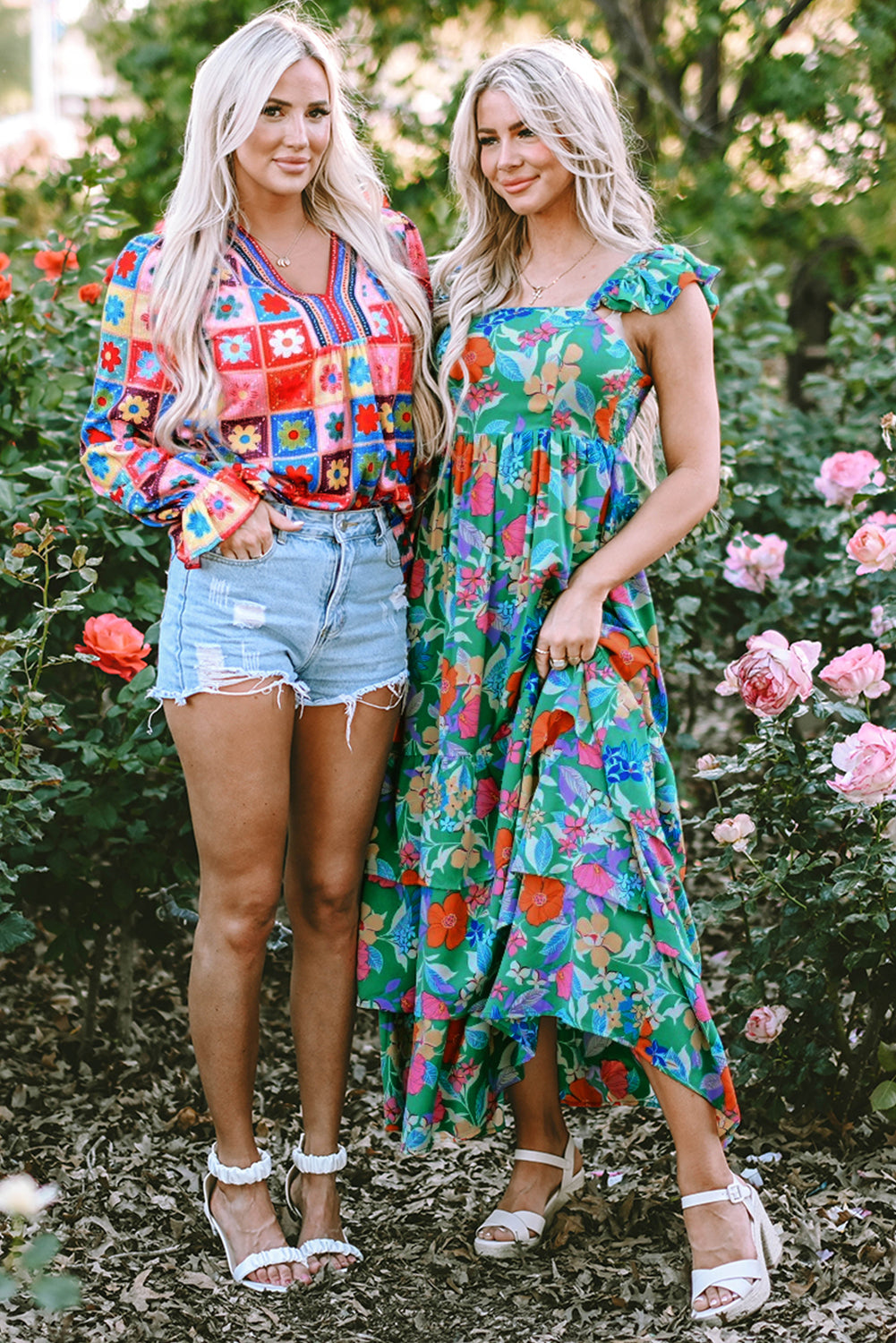 Pink sleeveless maxi dress with floral print and ruffles