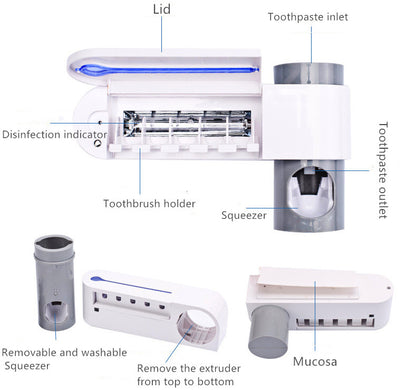 2-in-1 UV Tandenborstelhouder met Desinfectie en Automatische Tandpastahouder – Complete Set voor Tandenborstel Reiniging en Hygiëne