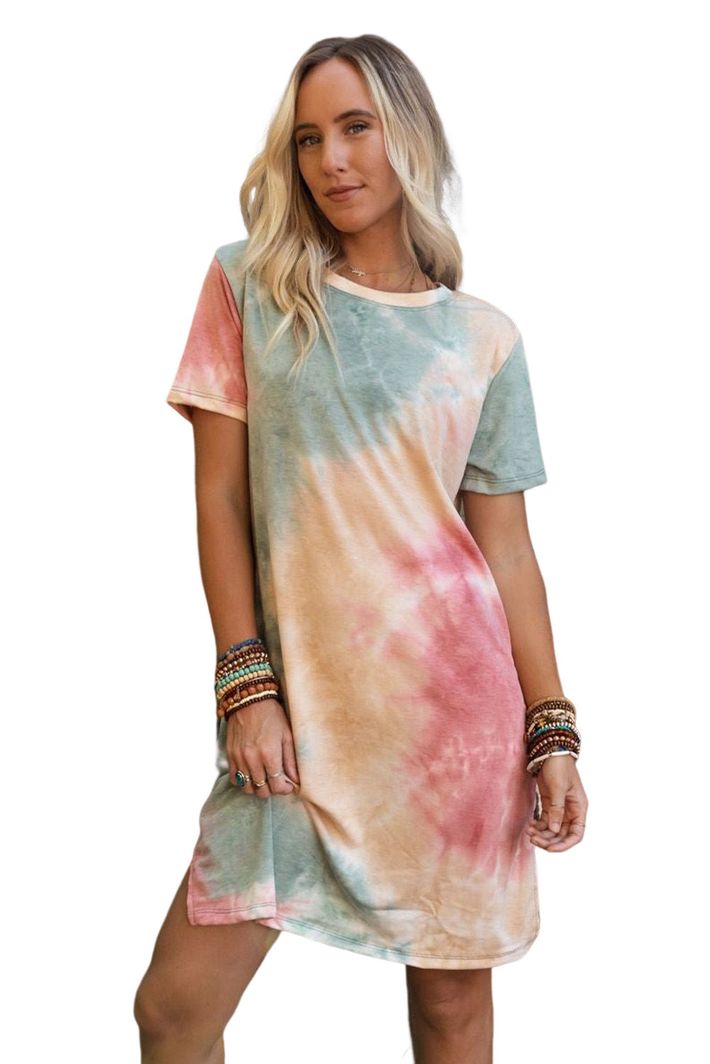 Multicolor Tie Dye Oversized Slit Tee Jurk