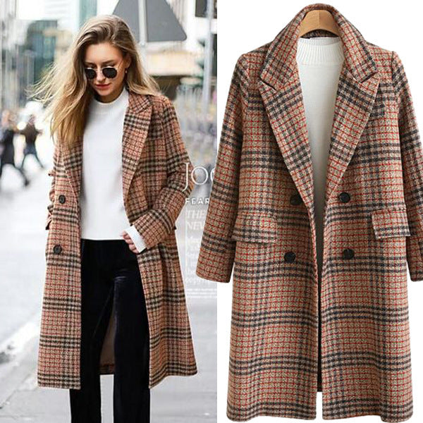 Plus Size Women's Long Sleeve Checked Coat with Turtleneck