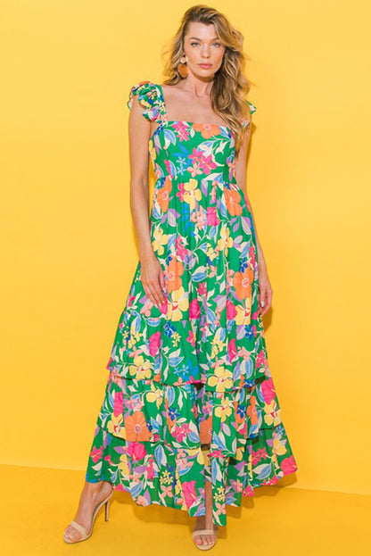 Roze mouwloze maxi-jurk met bloemenprint en ruches