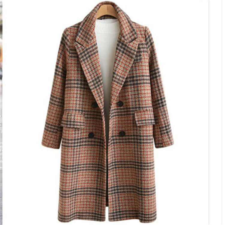 Plus Size Women's Long Sleeve Checked Coat with Turtleneck