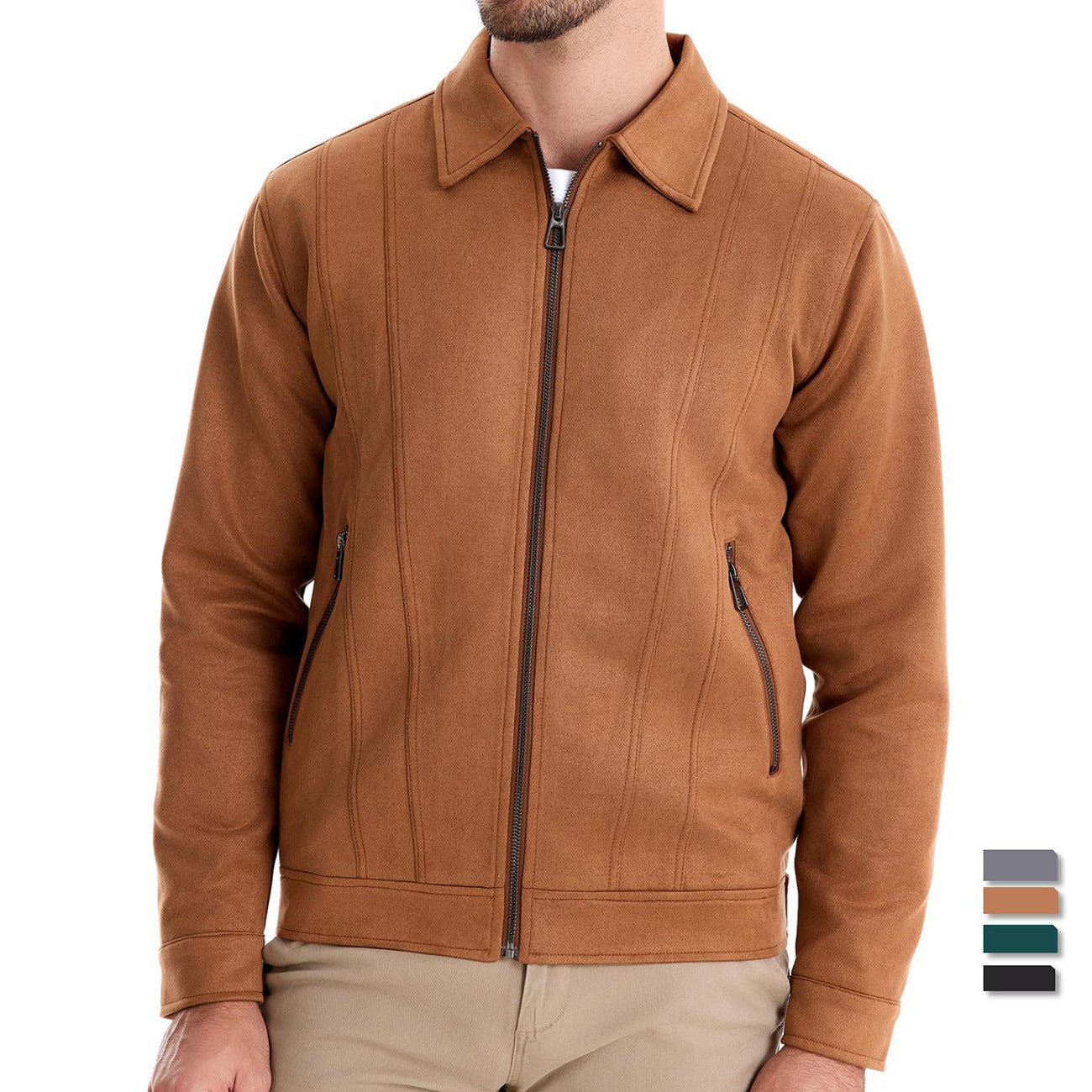 Fashionable men's suede jacket with lapel and zipper - Stylish autumn and winter jacket for outdoors