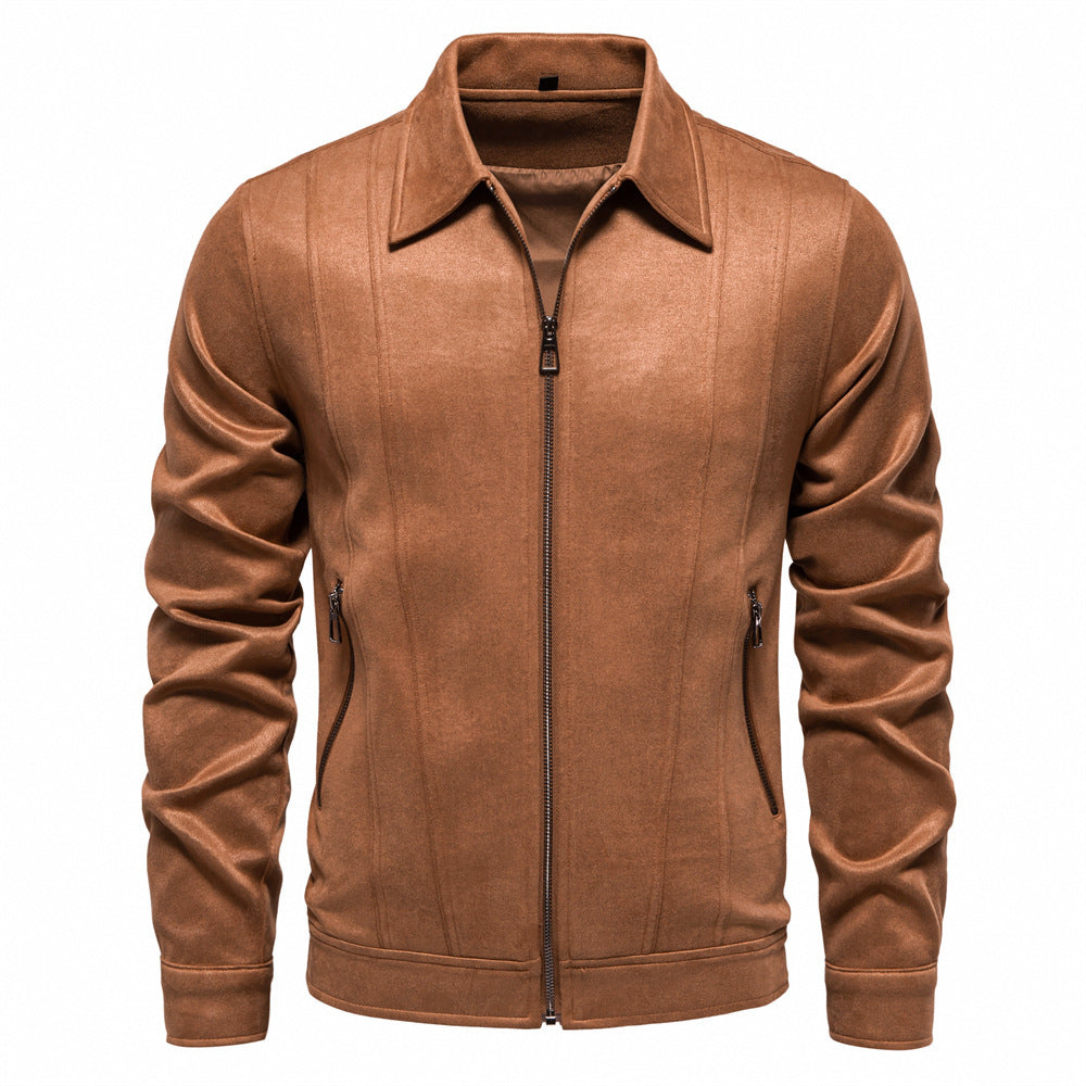 Fashionable men's suede jacket with lapel and zipper - Stylish autumn and winter jacket for outdoors