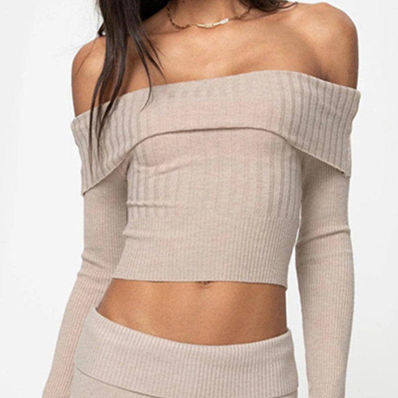 Boat Neck Long Sleeve Knitted Sweater Off-Shoulder Crop Short Top SFor Womens Clothing