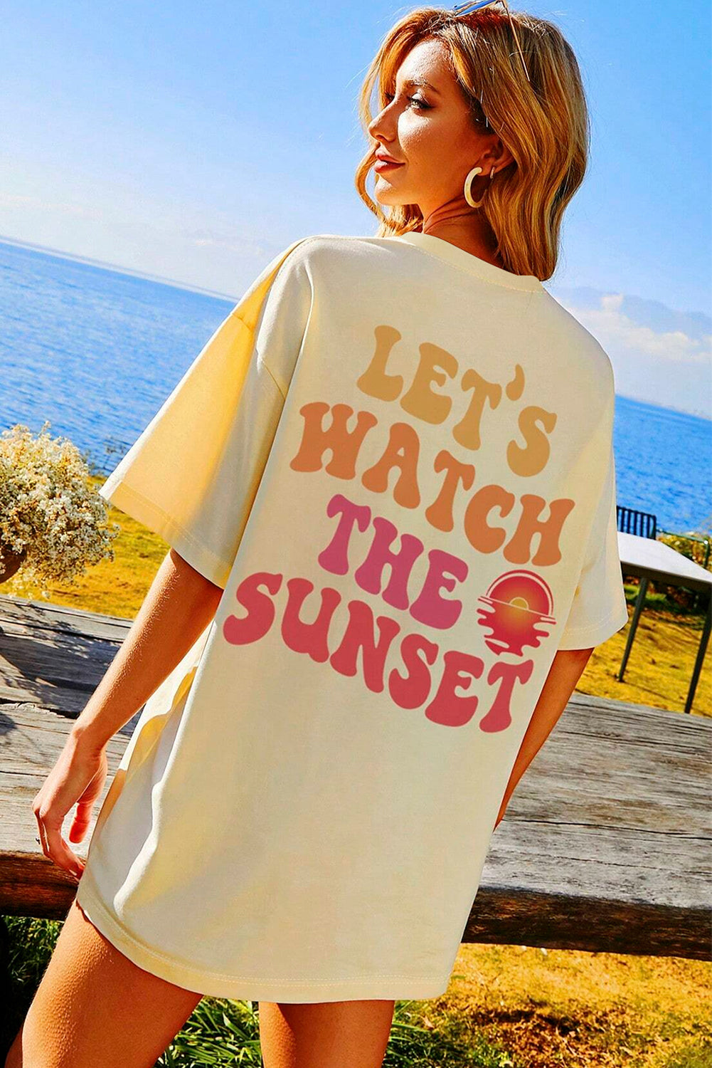 Cream yellow T-shirt with print "LET'S WATCH THE SUNSET"