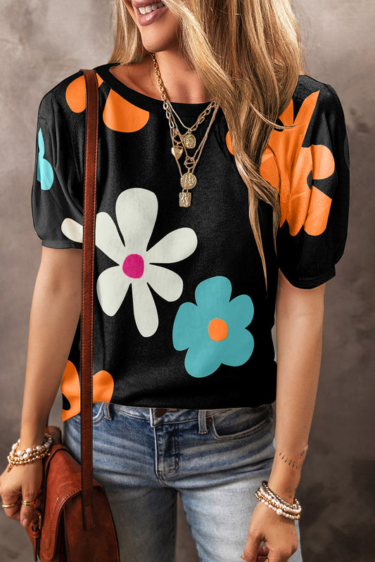 Zwarte Tee met bloemenprint