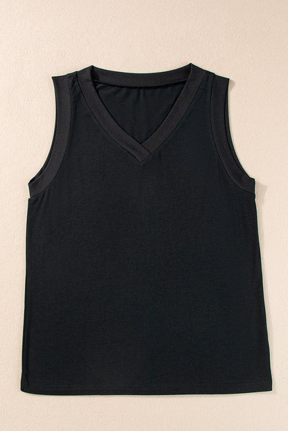 Schwarzes gestricktes Tanktop mit V-Ausschnitt