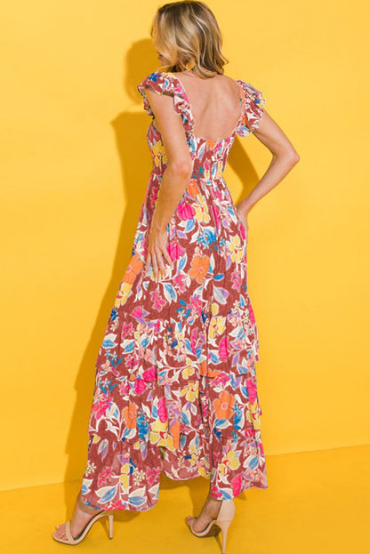 Roze mouwloze maxi-jurk met bloemenprint en ruches