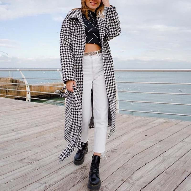 Black and white checked women's coat - Stylish autumn and winter coat for cold days