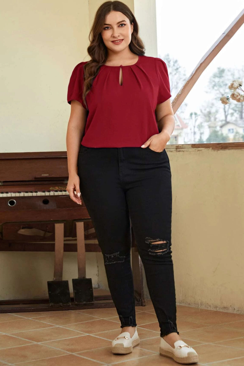 Trendy zwart geplooide ronde hals plus size T-shirt