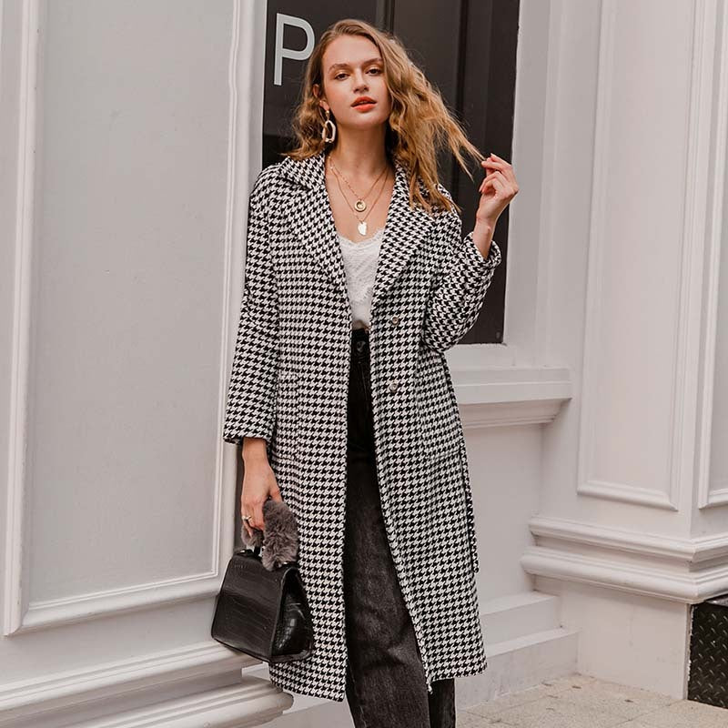 Black and white checked women's coat - Stylish autumn and winter coat for cold days