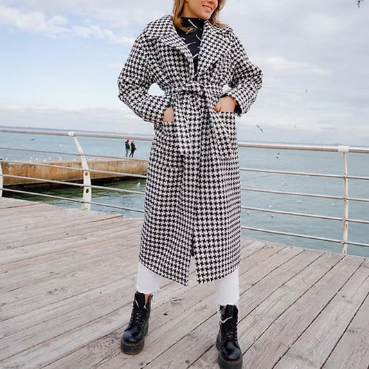 Black and white checked women's coat - Stylish autumn and winter coat for cold days