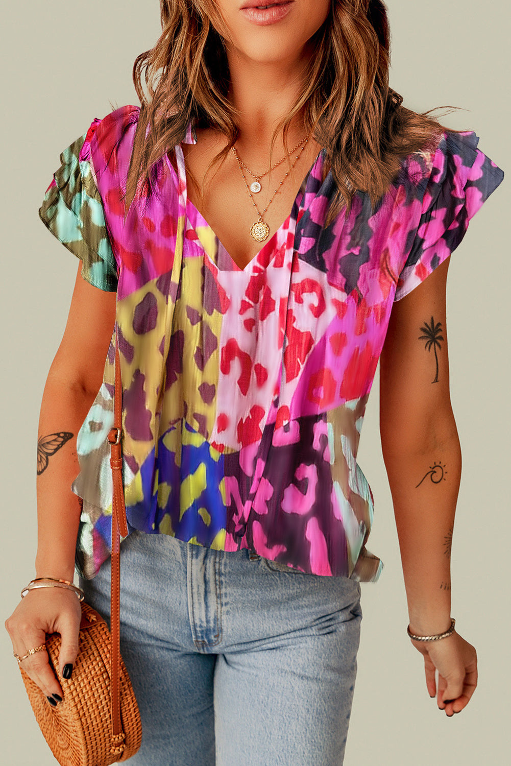 Multicolor Leopard V-neck Wrinkle Blouse