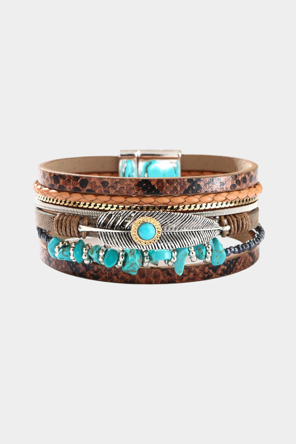 Bruine vintage meerlaagse leren armband turquoise