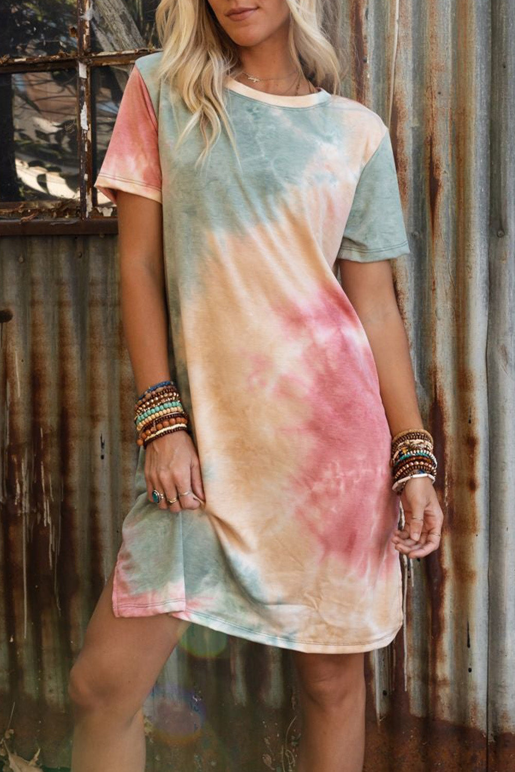 Multicolor Tie Dye Oversized Slit Tee Jurk