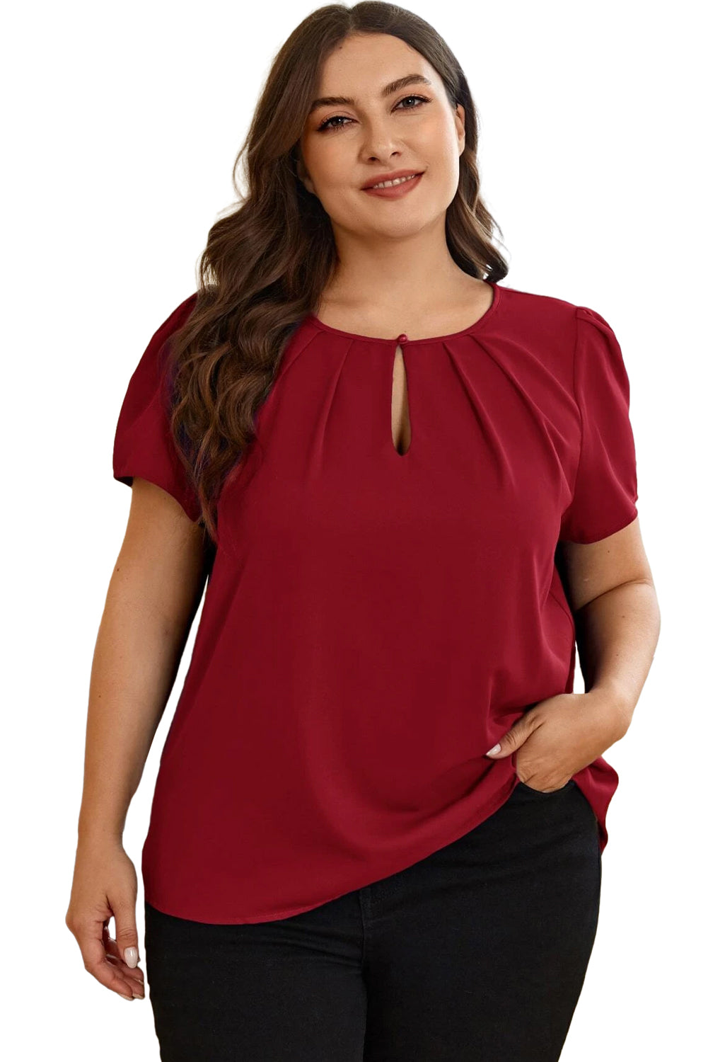 Trendy zwart geplooide ronde hals plus size T-shirt