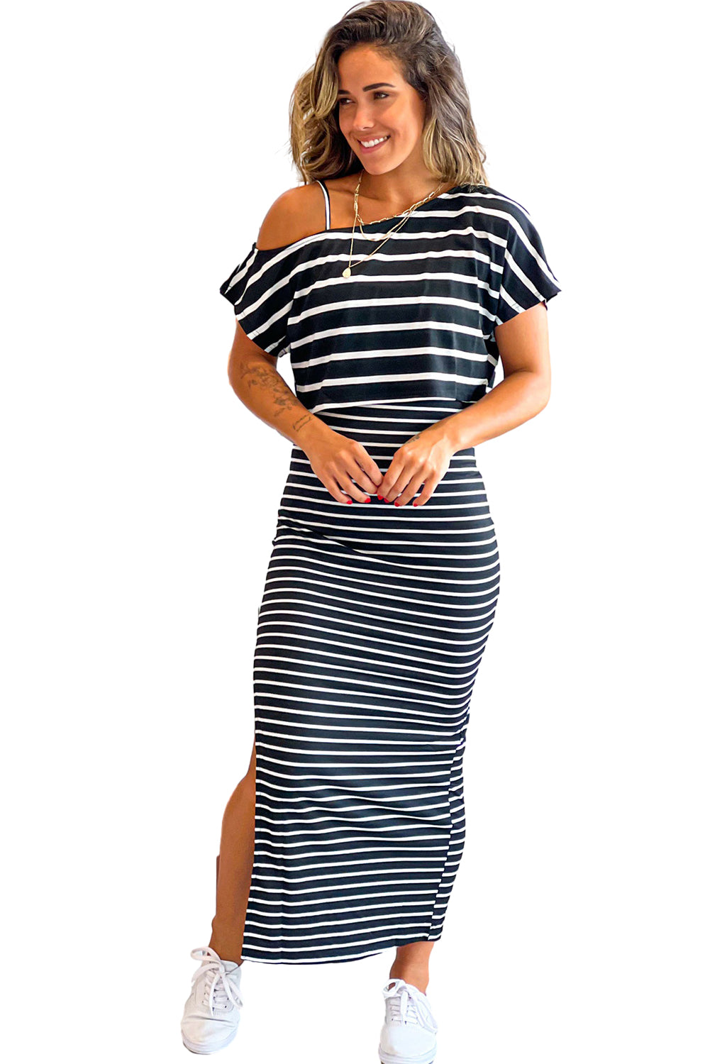 Black Striped Split Pencil Dress