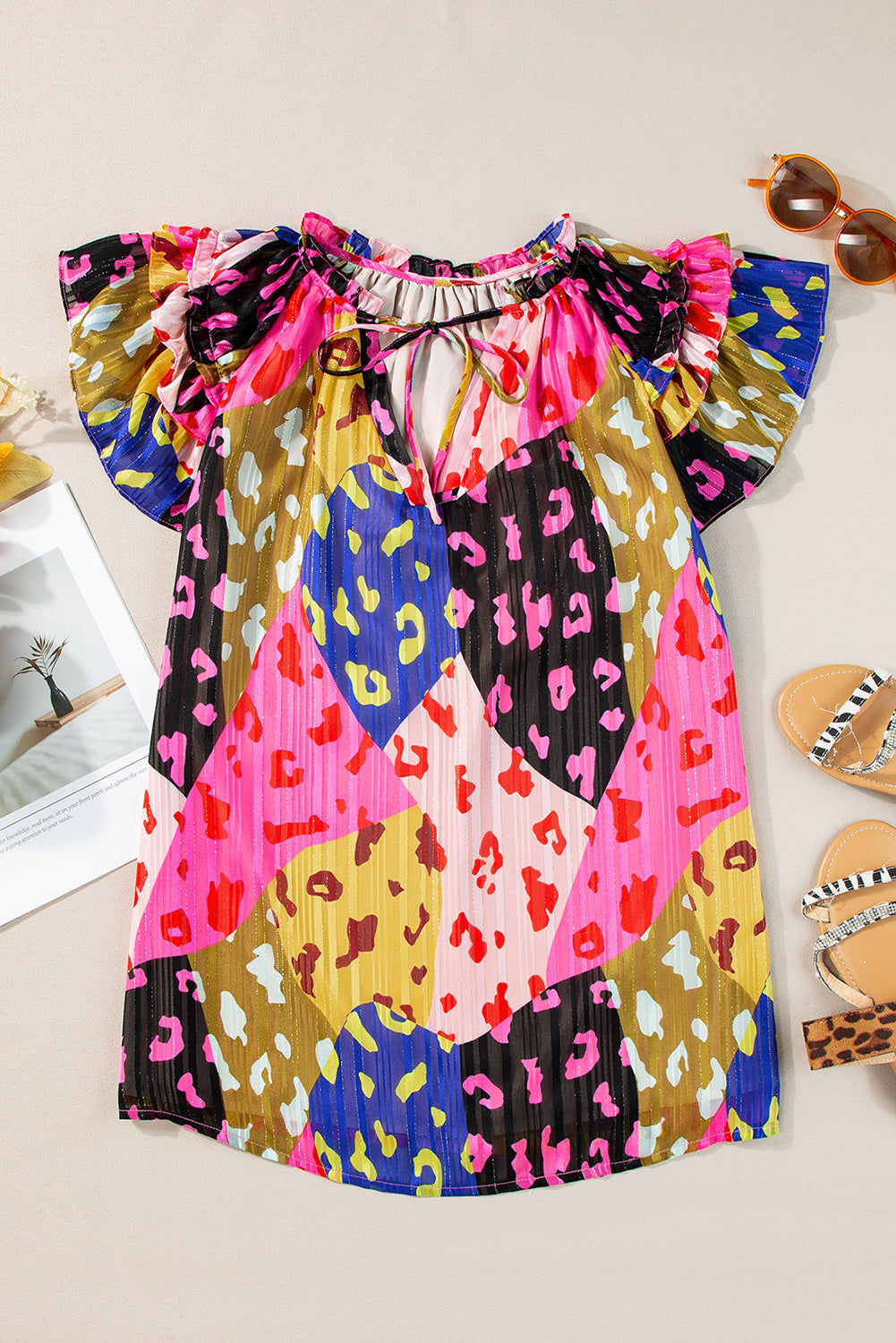 Multicolor Leopard V-neck Wrinkle Blouse