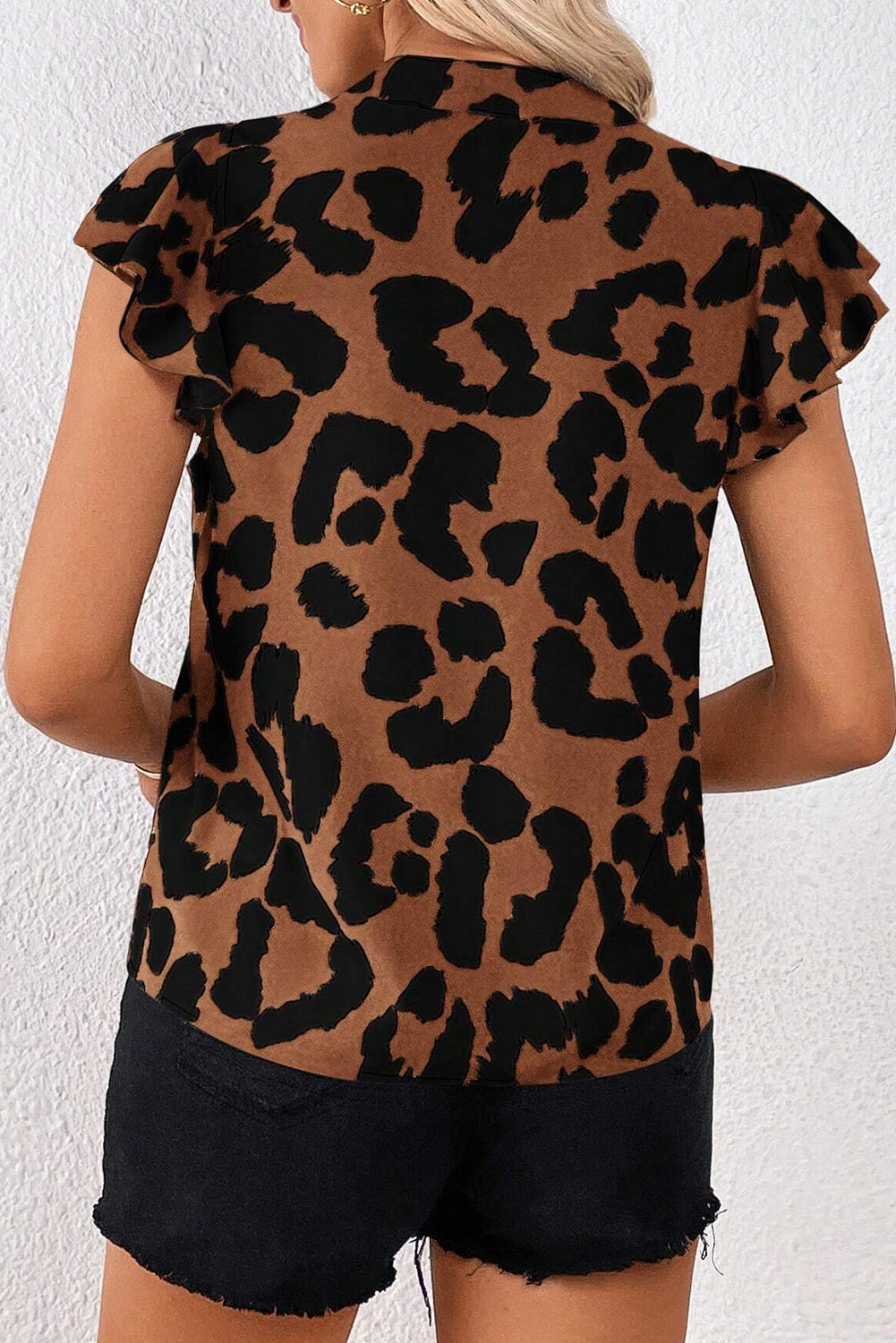 Brown leopard blouse with gathered flutter sleeves and a split neckline