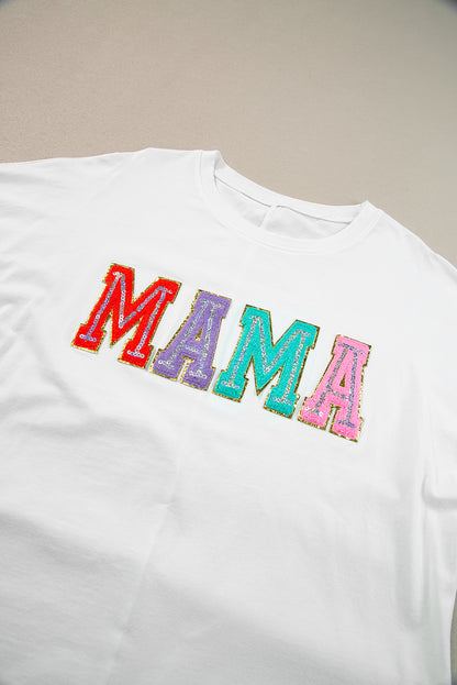 Witte MAMA T-shirt met chenille patches en ronde hals