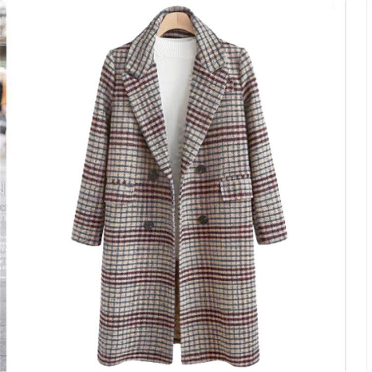 Plus Size Women's Long Sleeve Checked Coat with Turtleneck