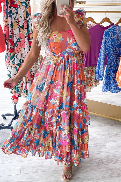 Roze mouwloze maxi-jurk met bloemenprint en ruches