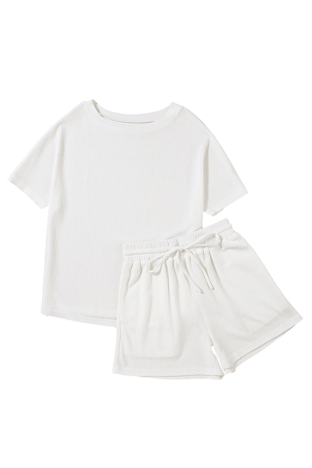 White casual textured drawstring T-shirt and shorts set