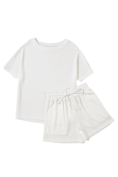 Witte casual textuur T-shirt en shorts set met trekkoord