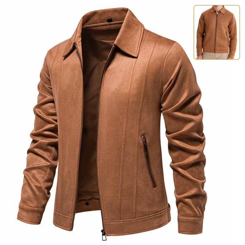 Fashionable men's suede jacket with lapel and zipper - Stylish autumn and winter jacket for outdoors