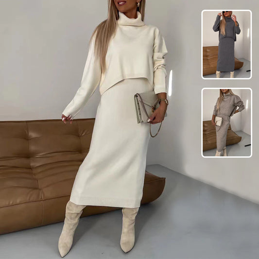 2-teiliges Pullover-Set für Damen-Wintermode – Rollkragenpullover und ärmelloses langes Kleid für ein stilvolles und warmes Outfit