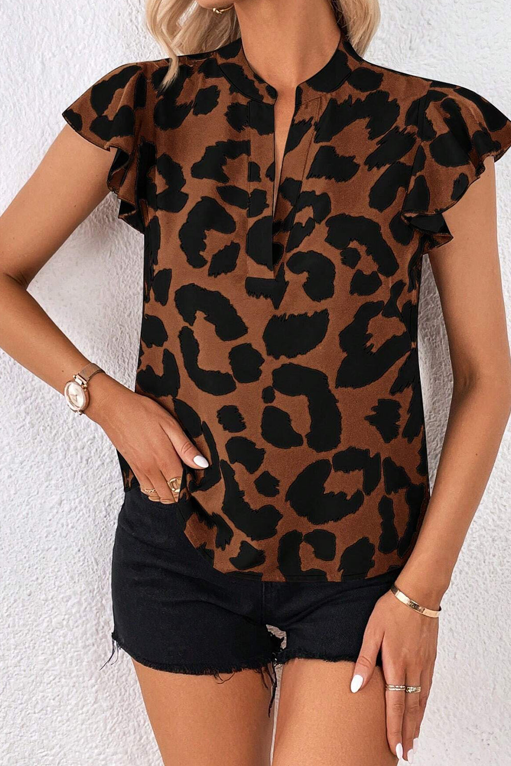 Brown leopard blouse with gathered flutter sleeves and a split neckline