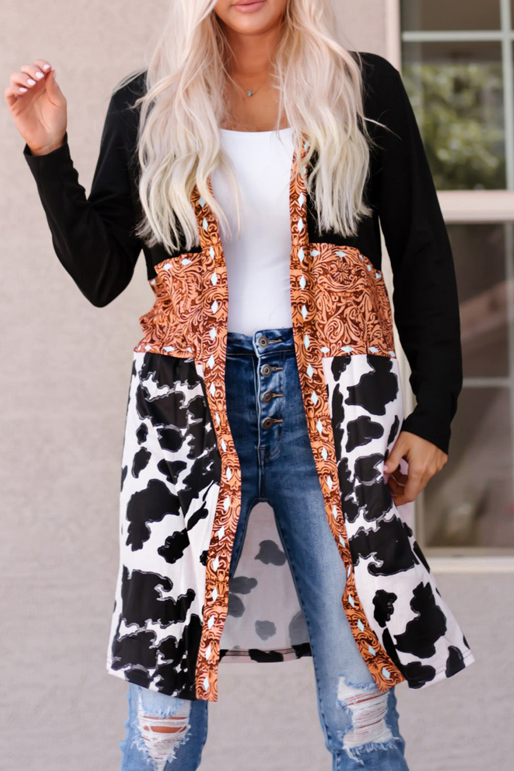 western cow print patchwork cardigan