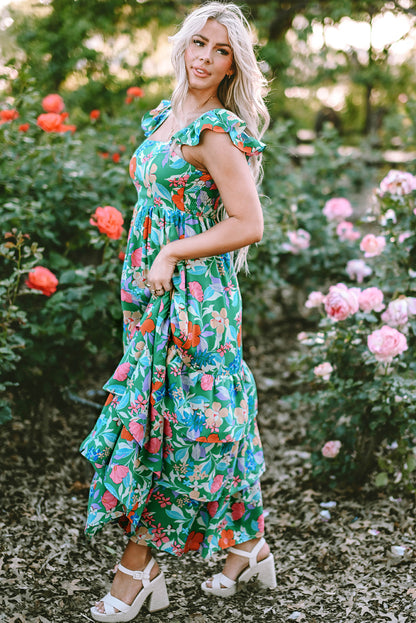 Roze mouwloze maxi-jurk met bloemenprint en ruches