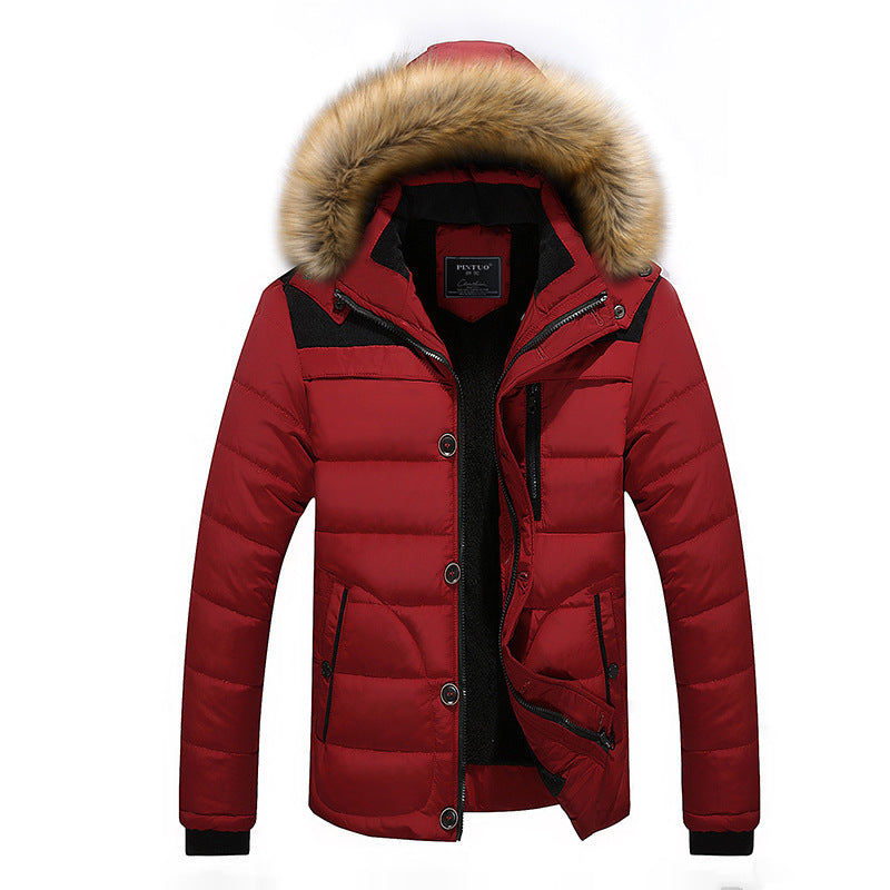 Men's winter coat with fur collar, thick fleece jacket made of cotton for cold days