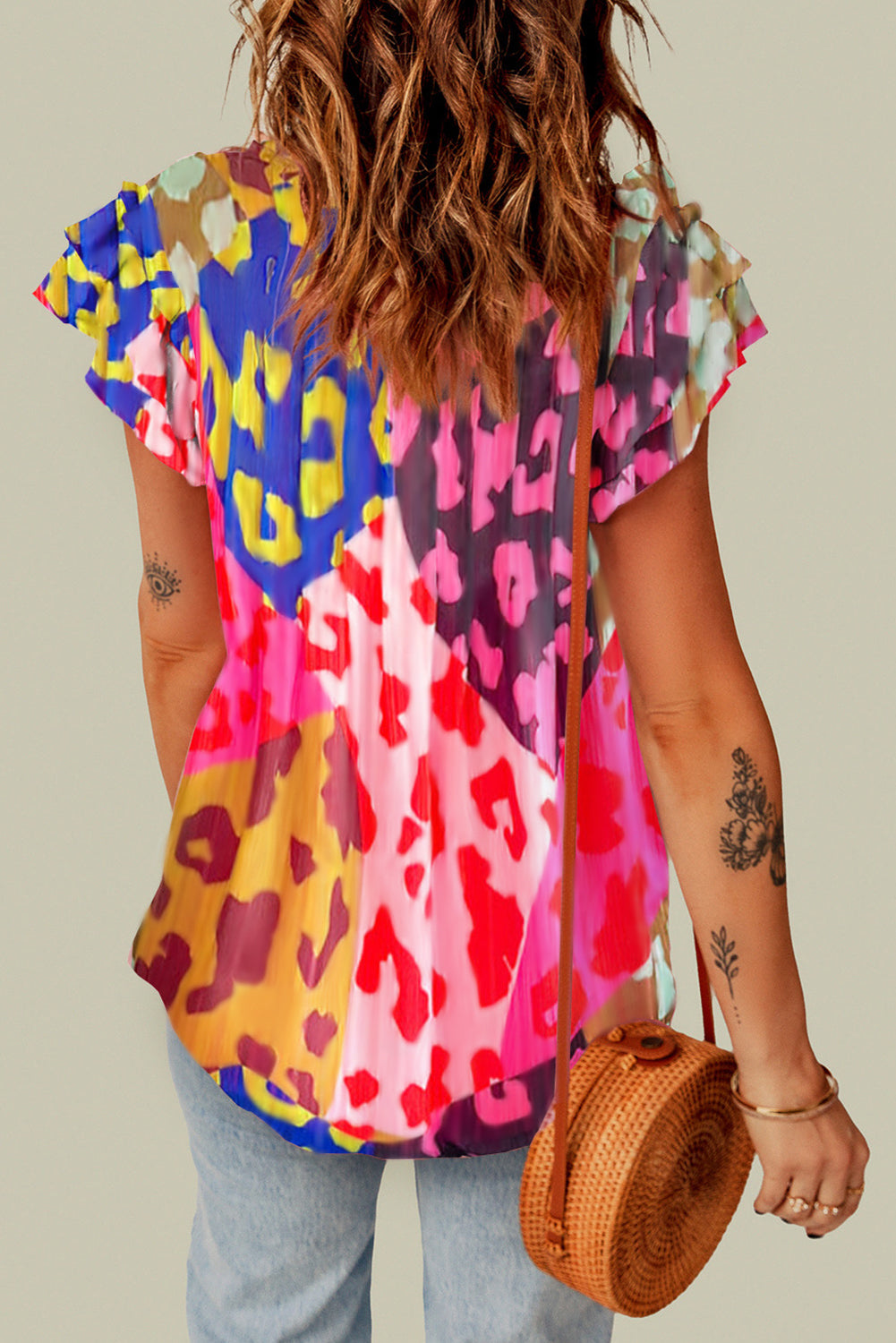 Multicolor Leopard V-neck Wrinkle Blouse