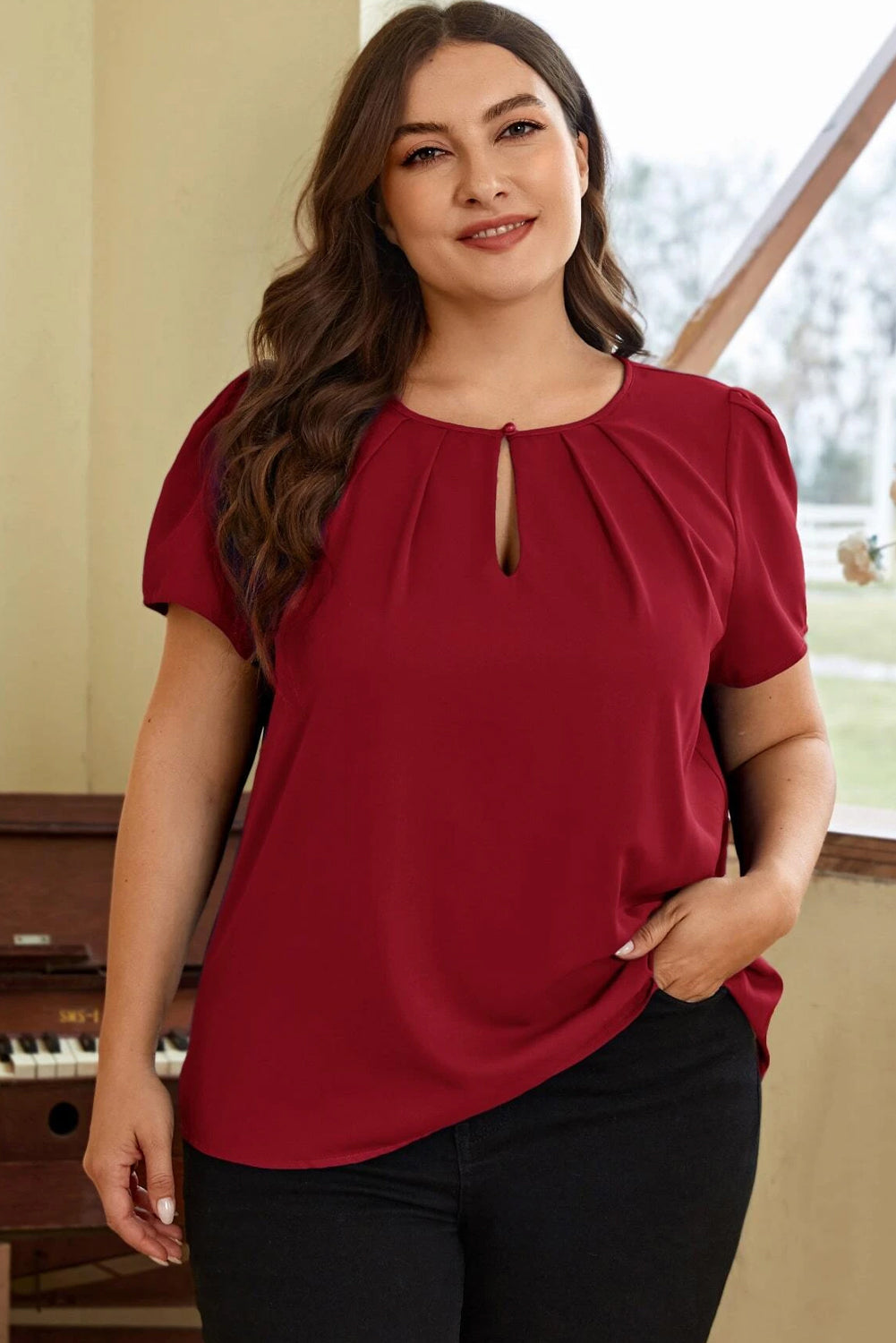 Trendy zwart geplooide ronde hals plus size T-shirt