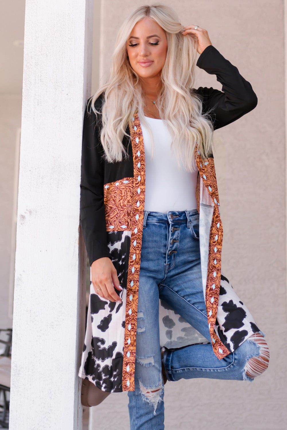 western cow print patchwork cardigan