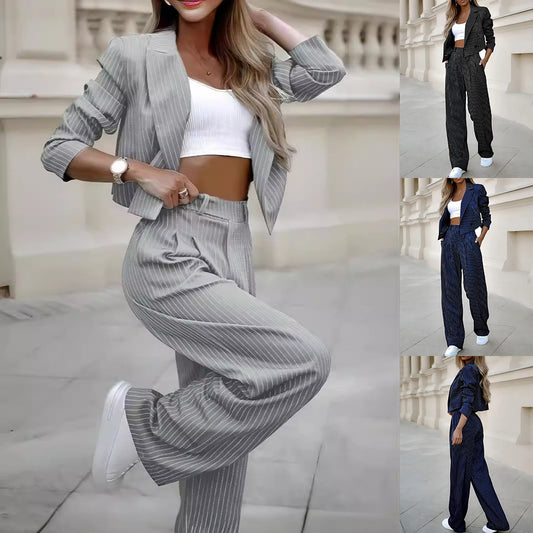 Fashionable striped suit, casual cropped top with lapel collar