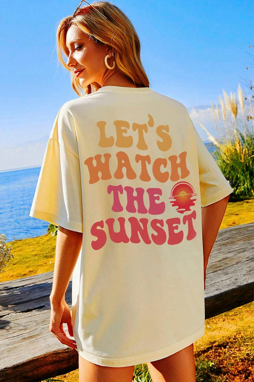 Cream yellow T-shirt with print "LET'S WATCH THE SUNSET"