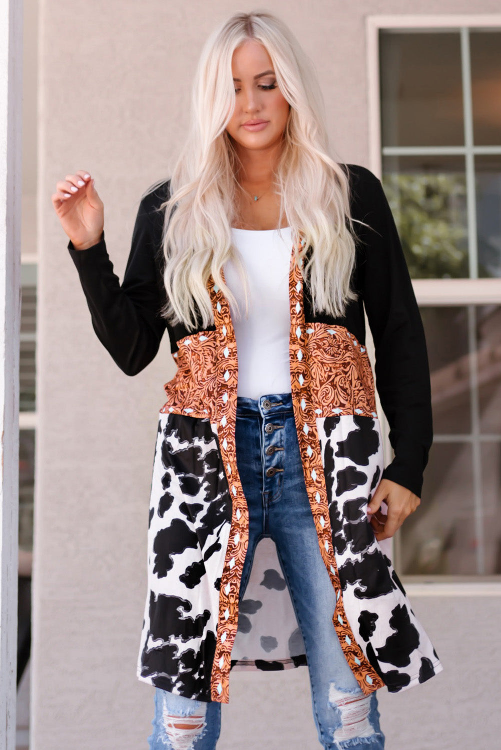 western cow print patchwork cardigan