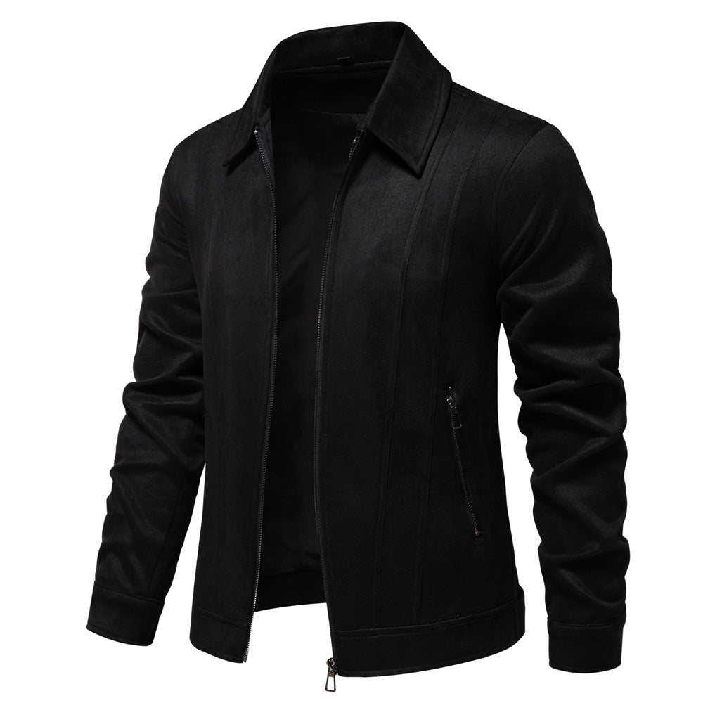 Fashionable men's suede jacket with lapel and zipper - Stylish autumn and winter jacket for outdoors