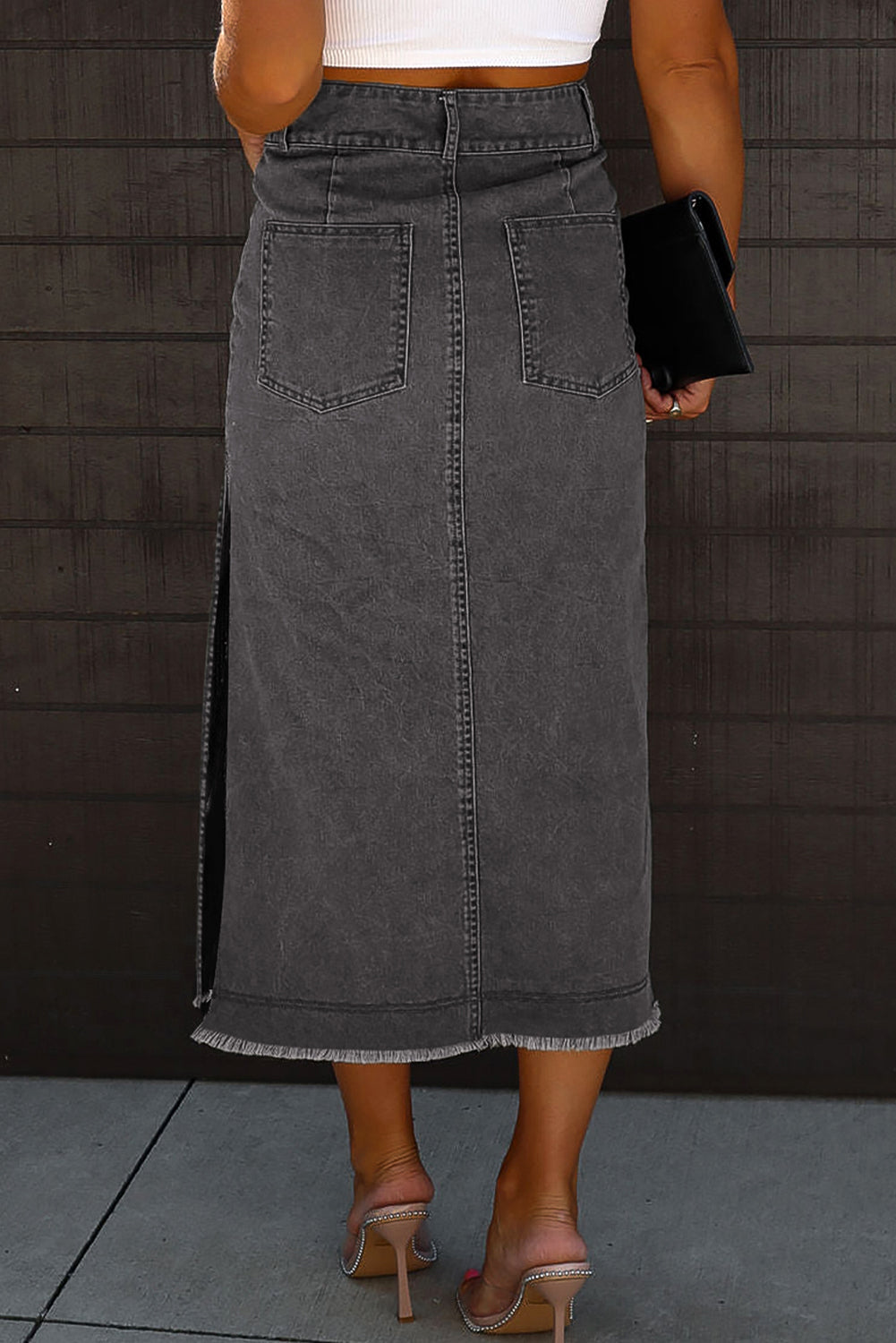 Zwarte Midi Denim Rok, Zijdelingse Splitten en Knoopsluiting