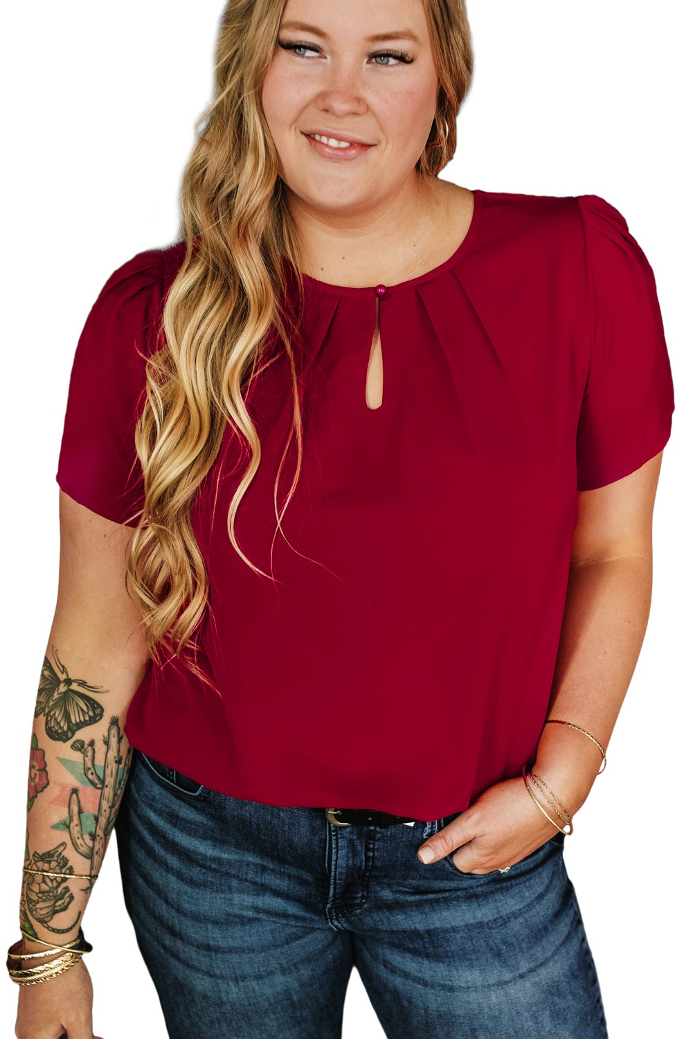 Trendy zwart geplooide ronde hals plus size T-shirt