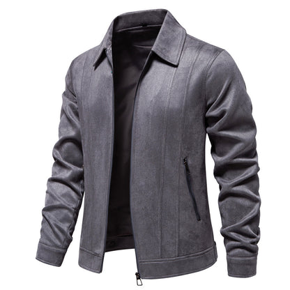 Fashionable men's suede jacket with lapel and zipper - Stylish autumn and winter jacket for outdoors