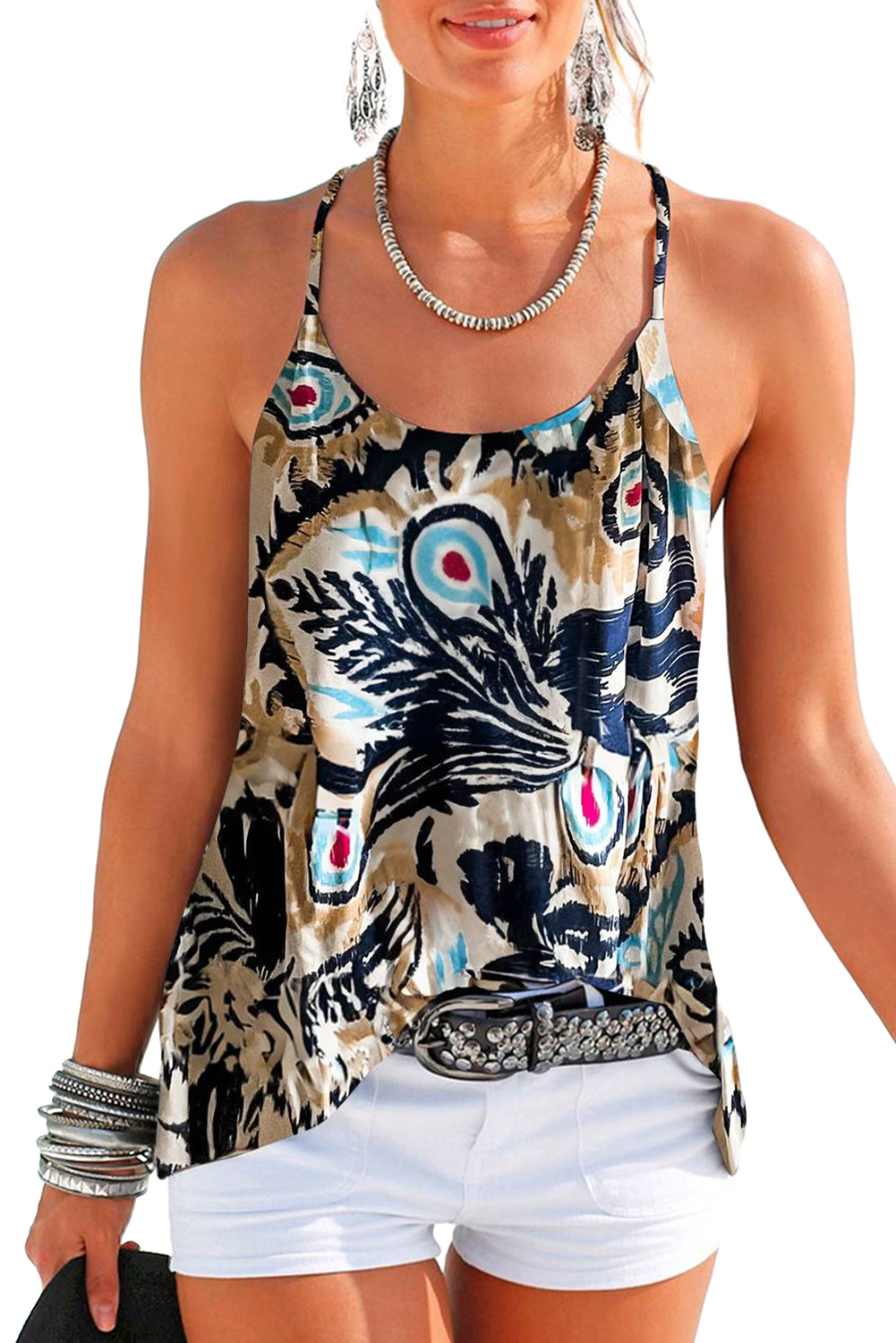 Beige tanktop met bloemenprint en kruislings straps-detail