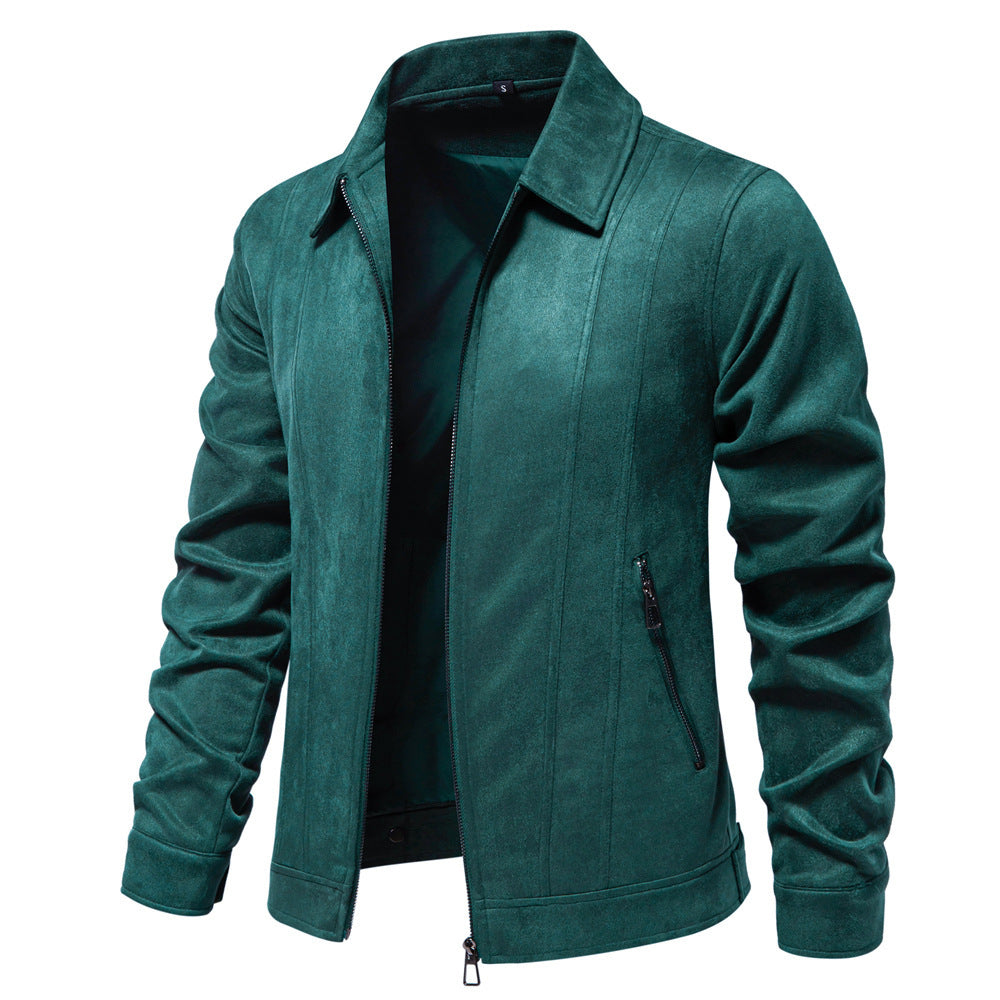 Fashionable men's suede jacket with lapel and zipper - Stylish autumn and winter jacket for outdoors